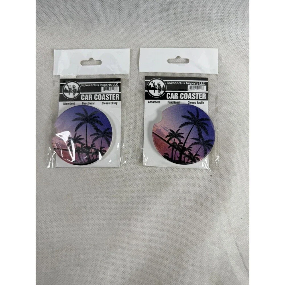 Two Car Coasters Pink and Purple Palm Trees New